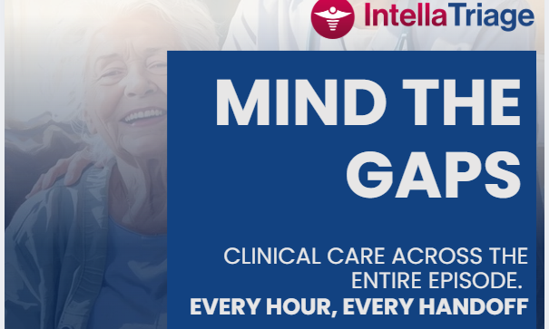 Mind the Gaps - IntellaTriage - Nurse-First Care - cover page with the title and an image of an older woman smiling